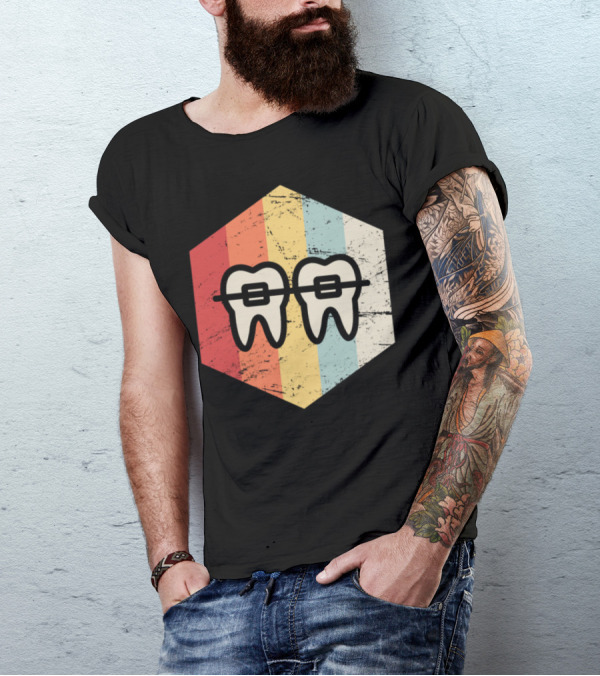 Retro Dentist Orthodontist Vintage Teeth Braces Stripes T-Shirt