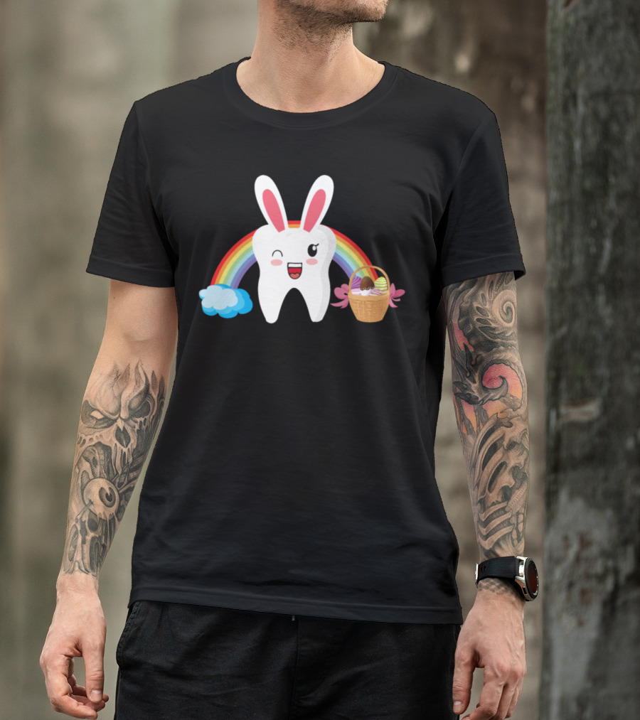 Tooth Dentist Bunny Ears Rainbow Eggs Easter Day T-Shirt