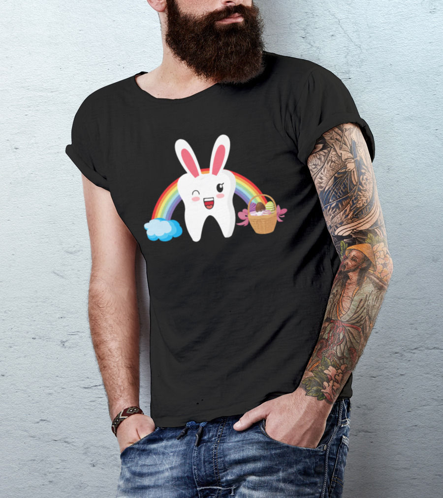 Tooth Dentist Bunny Ears Rainbow Eggs Easter Day T-Shirt