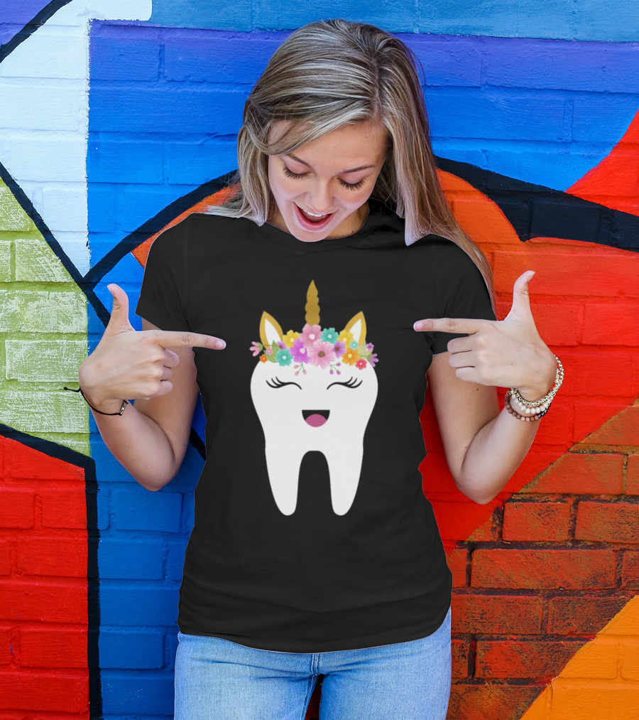 Tooth Unicorn With Floral Crown And Happy Face T-Shirt