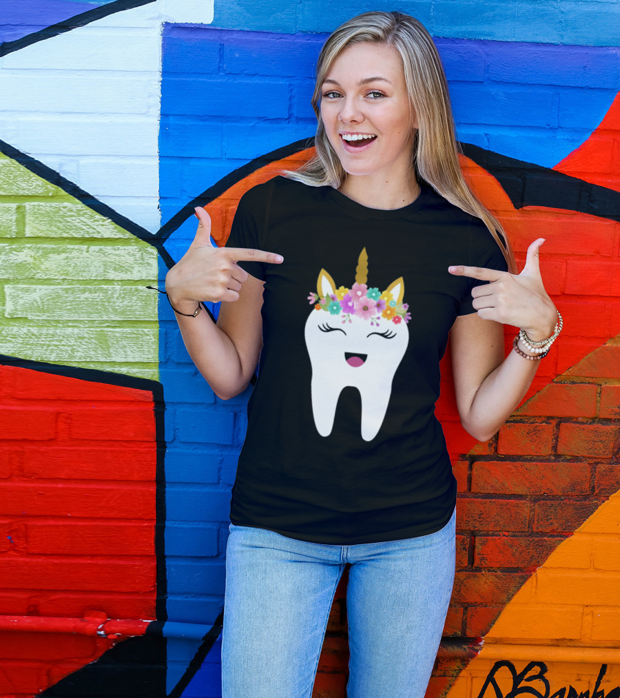 Tooth Unicorn With Floral Crown And Happy Face T-Shirt