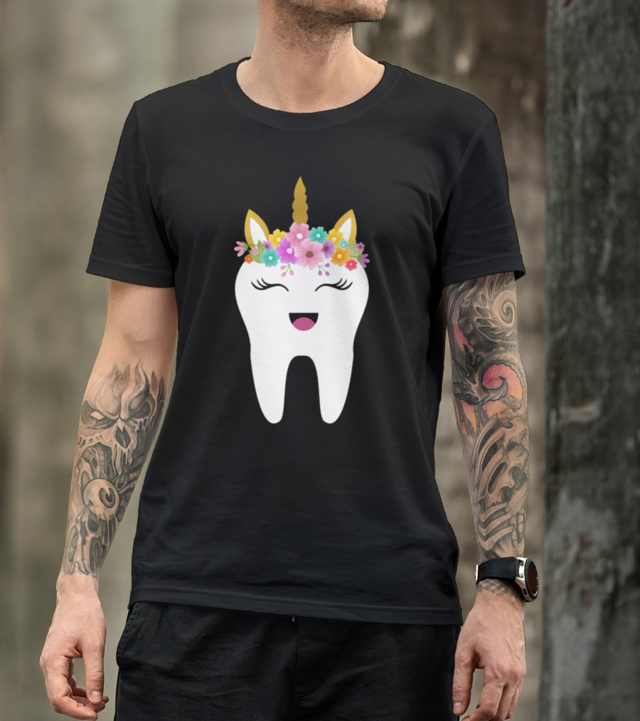 Tooth Unicorn With Floral Crown And Happy Face T-Shirt