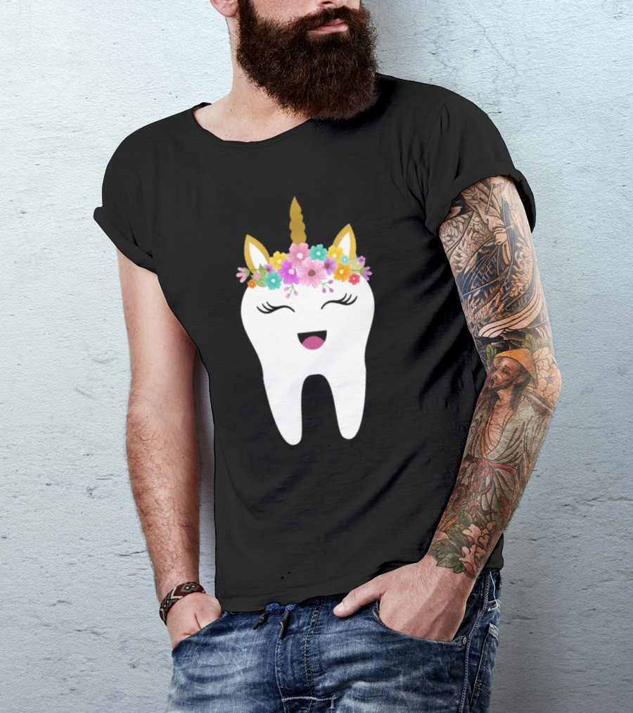 Tooth Unicorn With Floral Crown And Happy Face T-Shirt