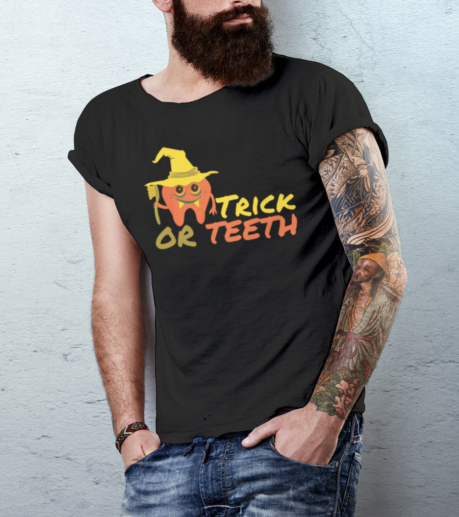 Trick Or Teeth Halloween Tooth With Witch Hat And Brush T-Shirt