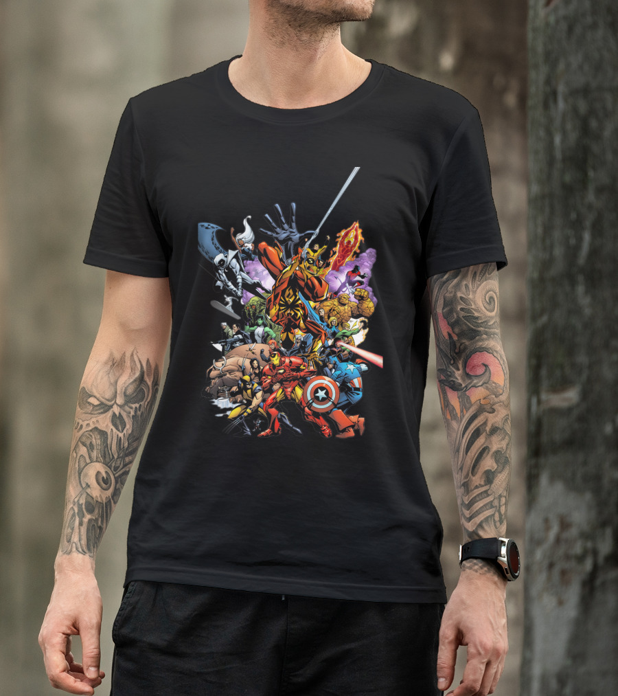 Marvel Comics SpiderMan Iron Man Captain America Wolverine Fantastic Four Superheroes Team Up Icons T-Shirt