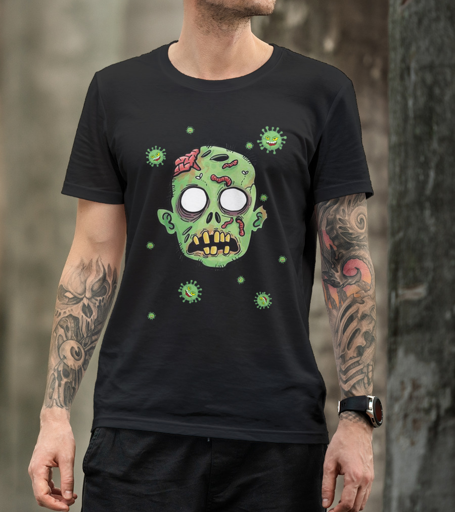 Corana Zombie Head With Worms Surrounded By Virus Icons T-Shirt