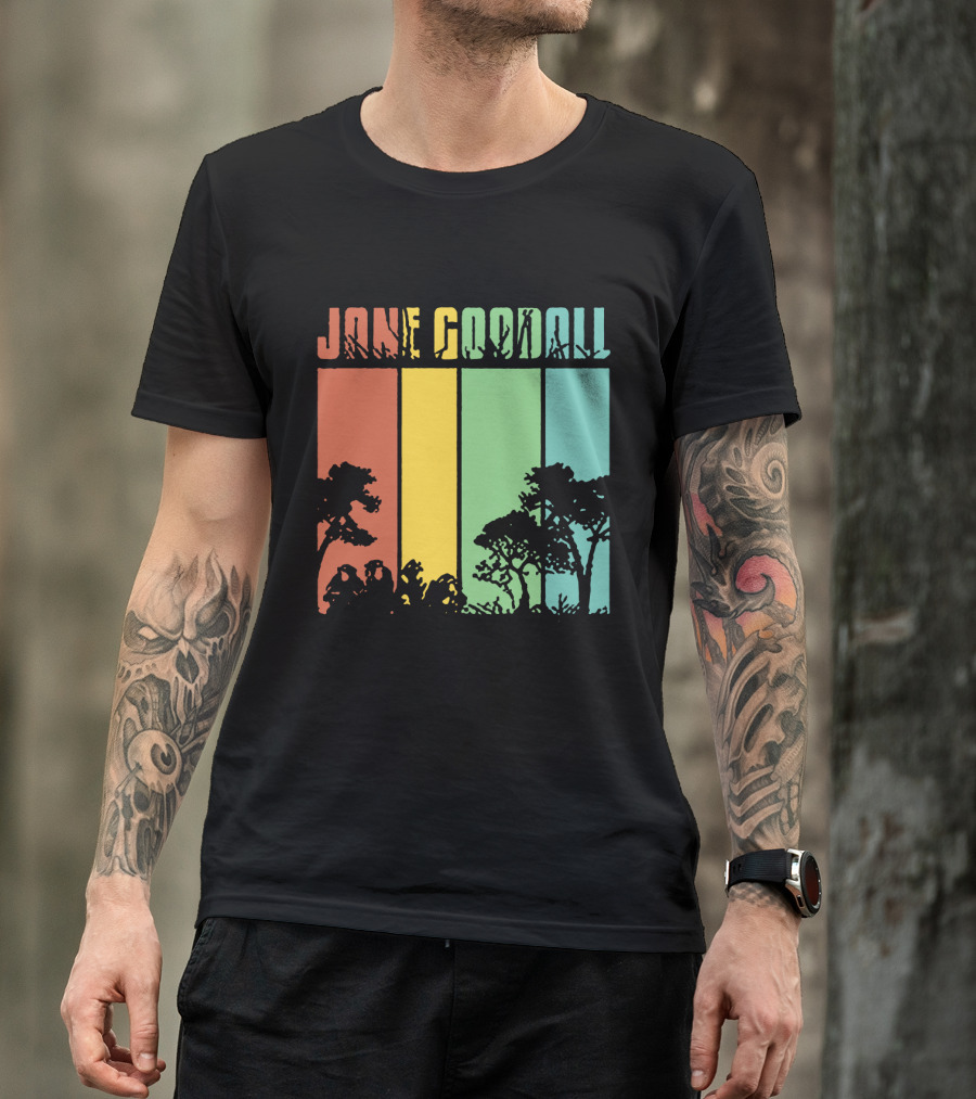Jane Goodall Men's Cotton Navy Crew Neck Top With Colorful Tree Stripes T-Shirt