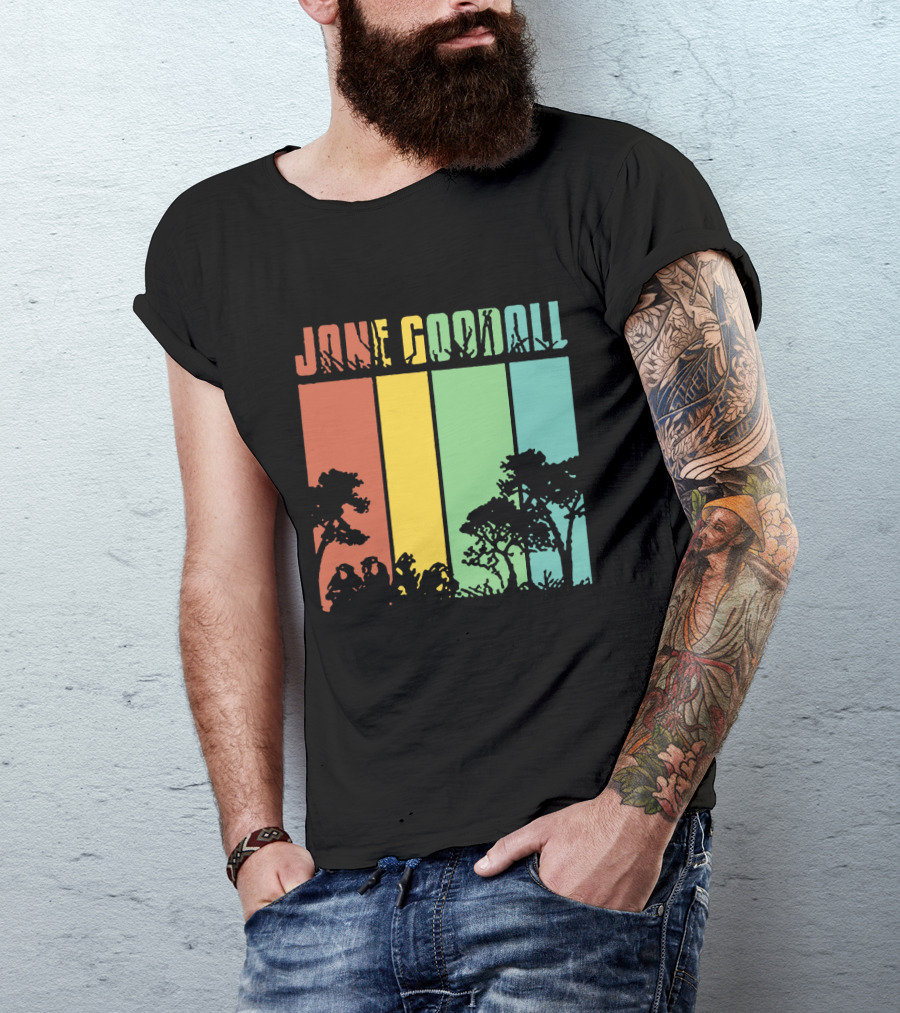 Jane Goodall Men's Cotton Navy Crew Neck Top With Colorful Tree Stripes T-Shirt