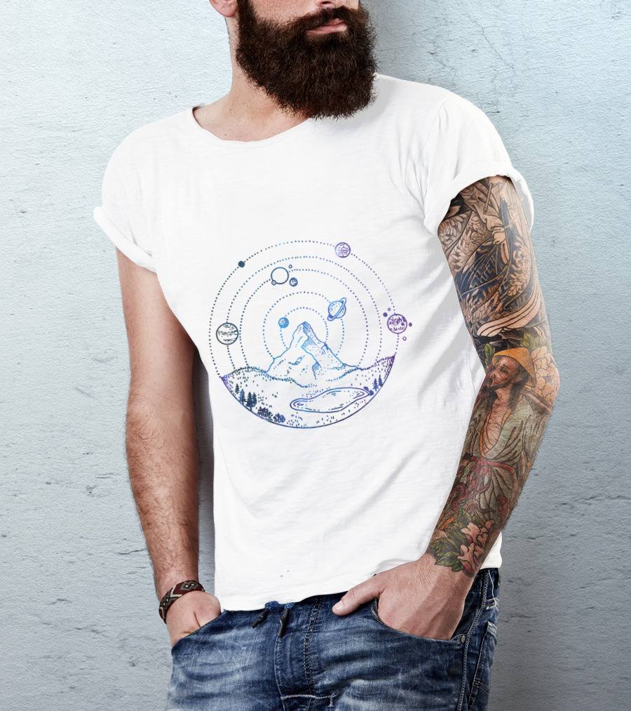 Cosmic Landscape With Mountain And Planets T-Shirt