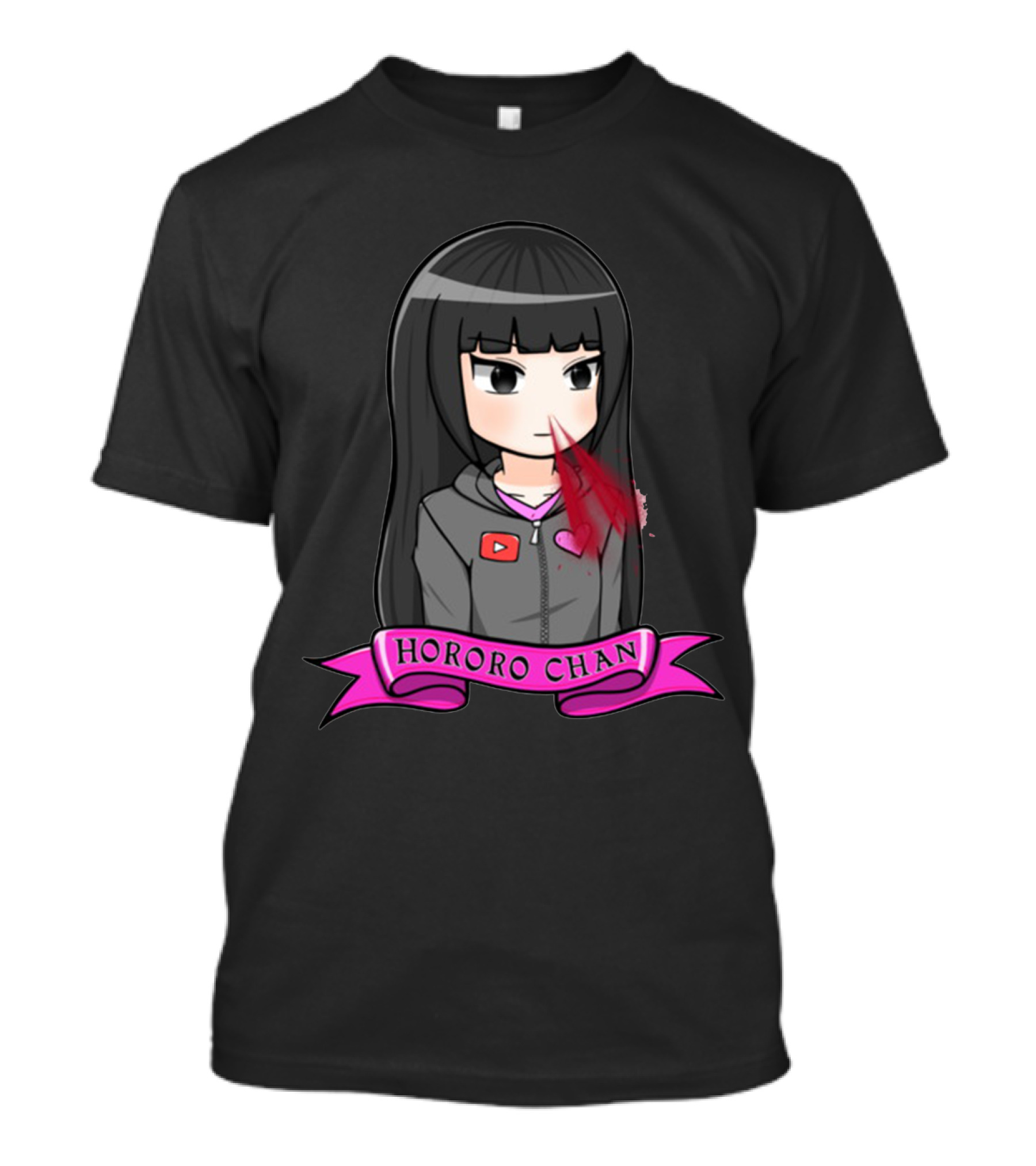 Hororo Chan Anime Character Hoodie With Bloody Nose And YouTube Logo Pink Ribbon Banner T-Shirt
