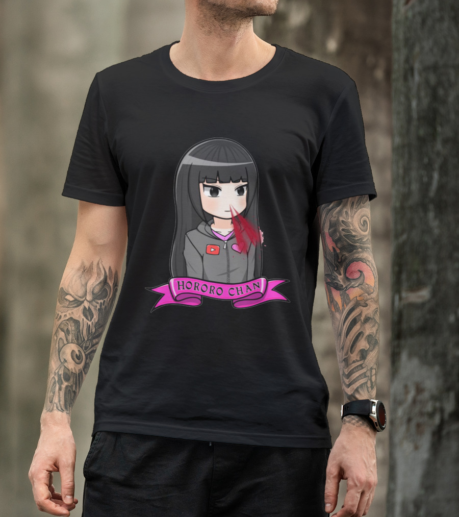 Hororo Chan Anime Character Hoodie With Bloody Nose And YouTube Logo Pink Ribbon Banner T-Shirt