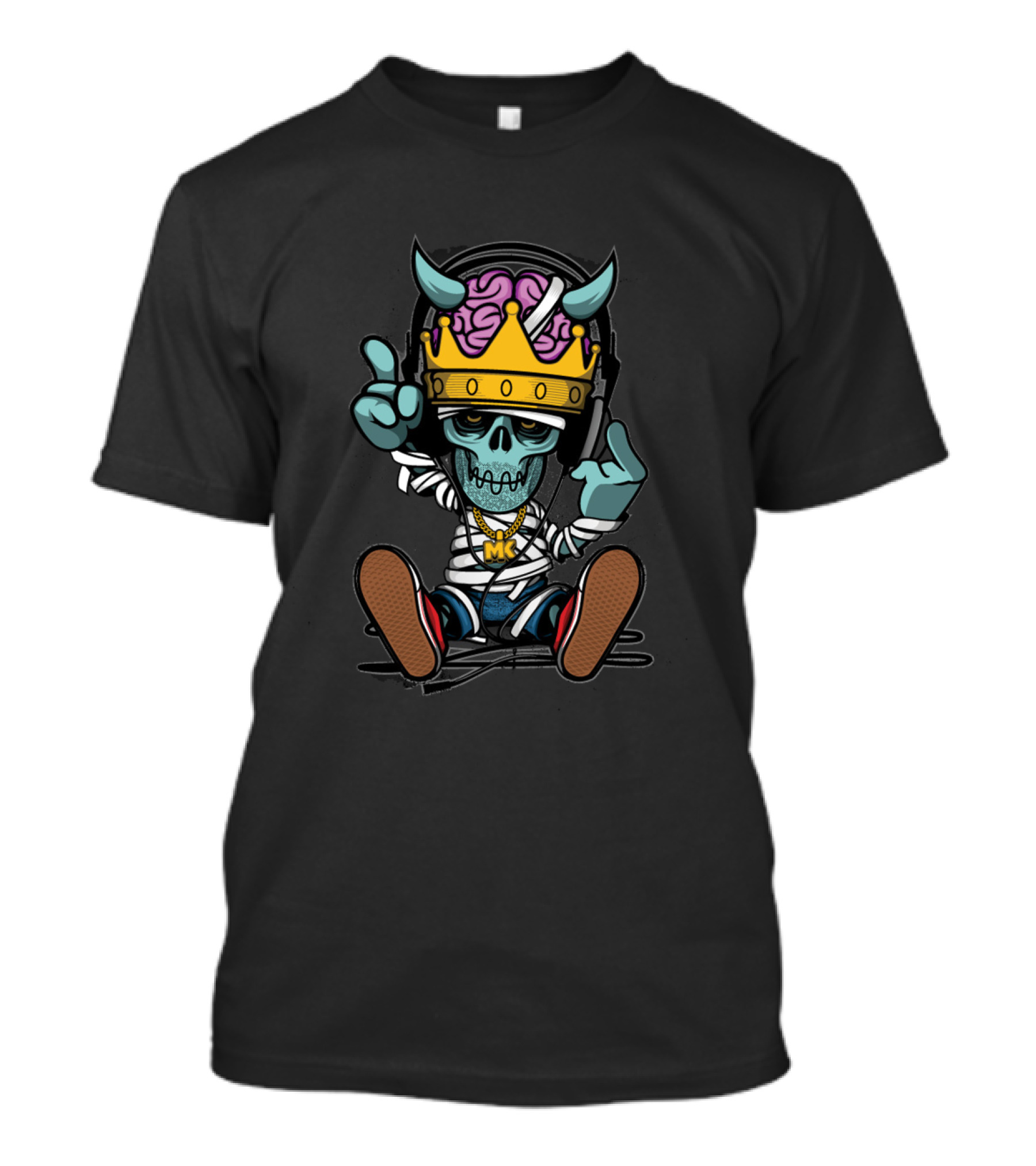 Skeleton MC Crown Hip Hop Cartoon Rapper Graffiti Jeans T-Shirt