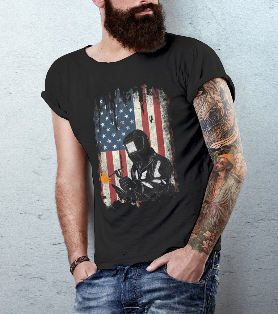 Welder With Welding Torch Over American Flag USA T-Shirt