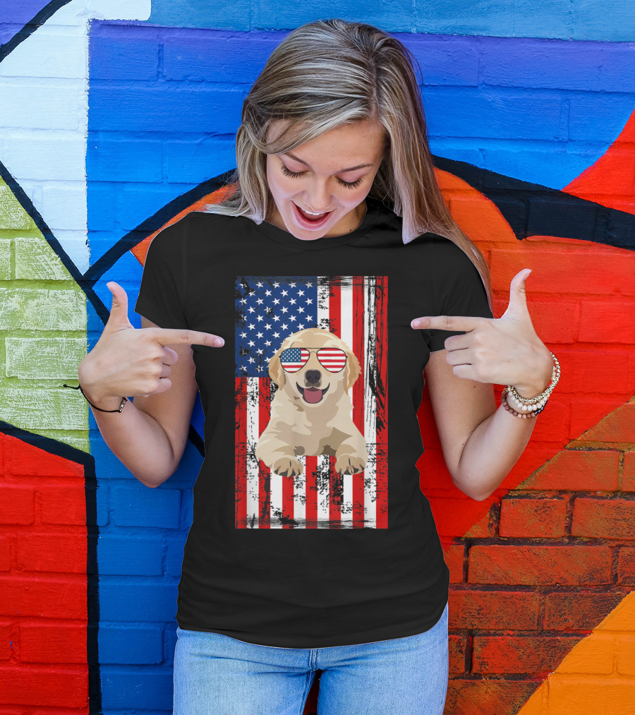 Labrador Dog With American Flag Sunglasses Celebrating 4th Of July USA Patriotic T-Shirt
