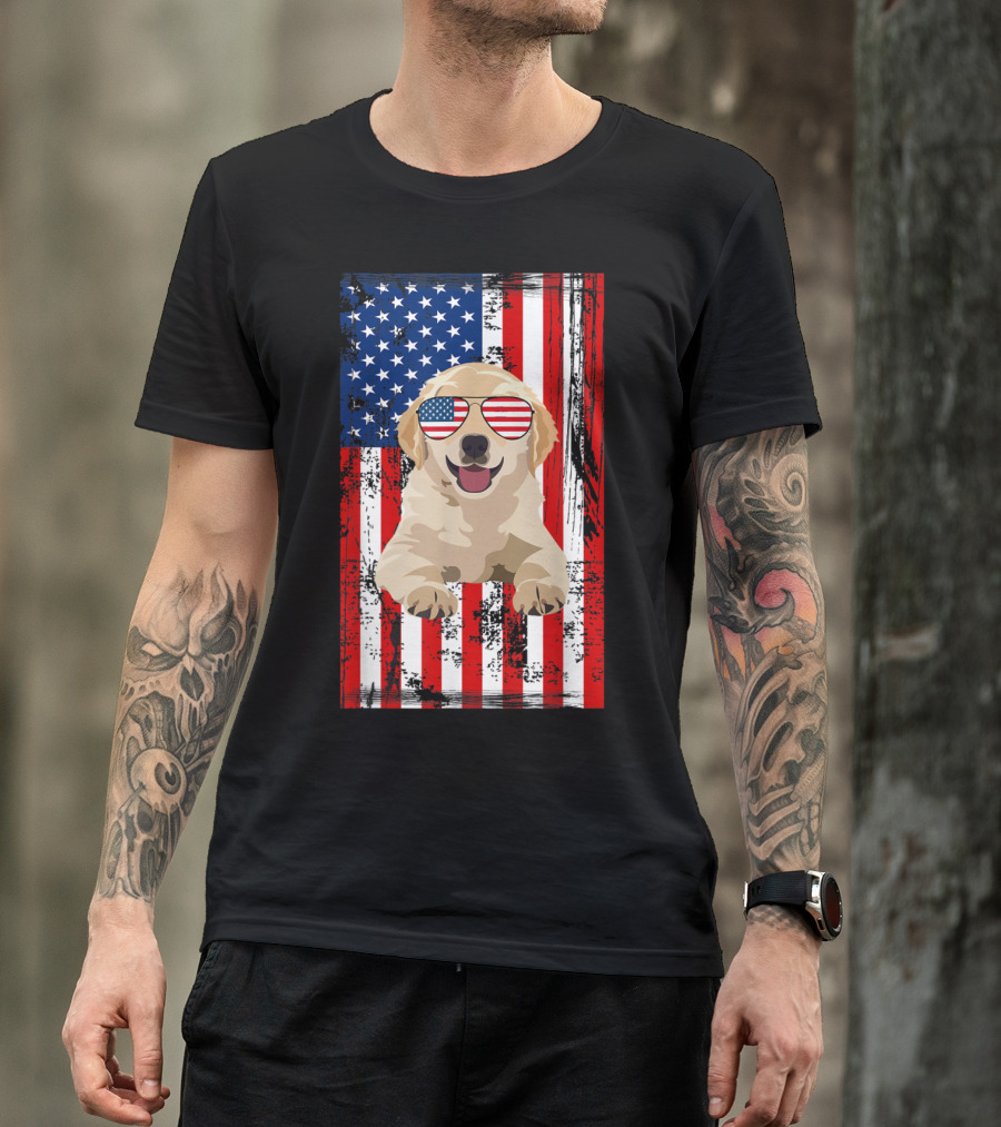 Labrador Dog With American Flag Sunglasses Celebrating 4th Of July USA Patriotic T-Shirt