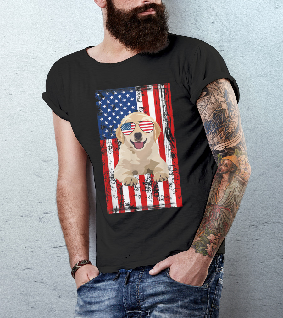 Labrador Dog With American Flag Sunglasses Celebrating 4th Of July USA Patriotic T-Shirt