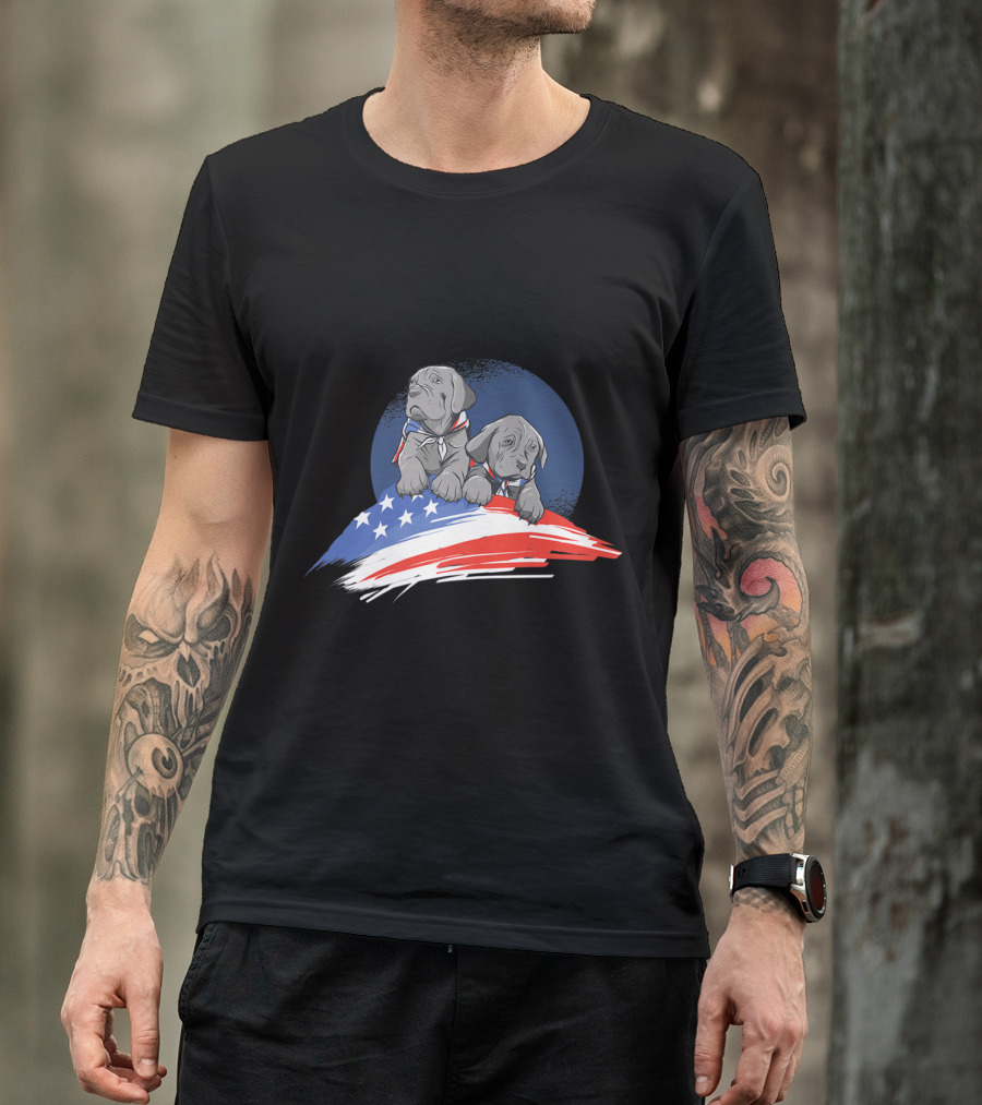 Silver Labrador Puppies With American Flag Patriotic T-Shirt