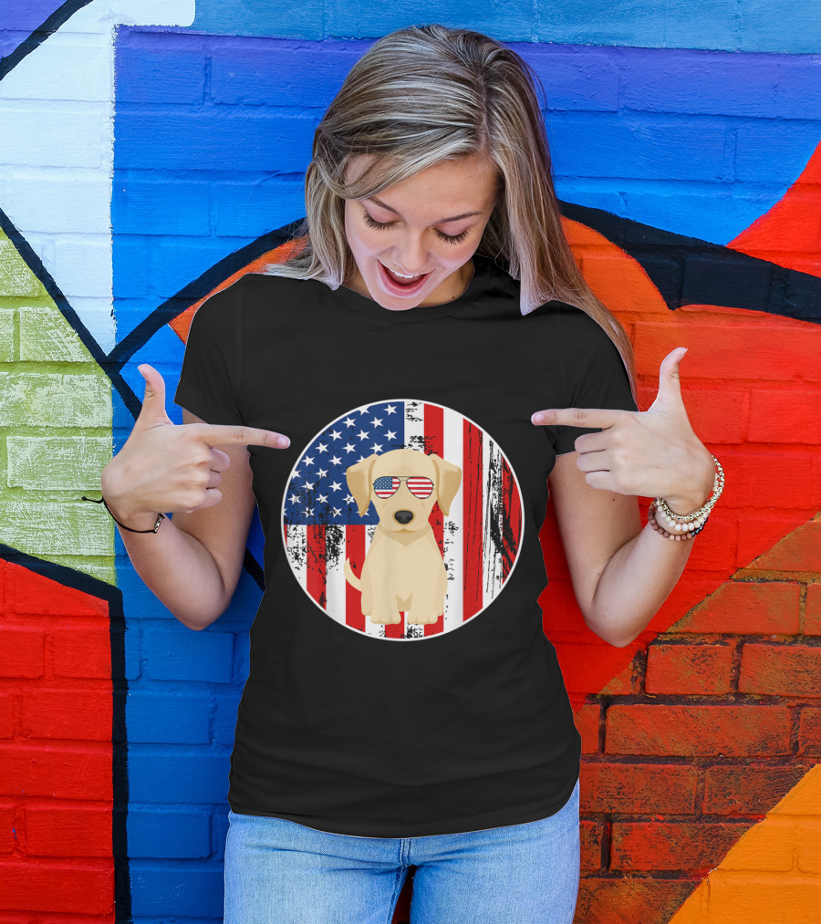 Patriotic Labrador Dog With American Flag Sunglasses T-Shirt