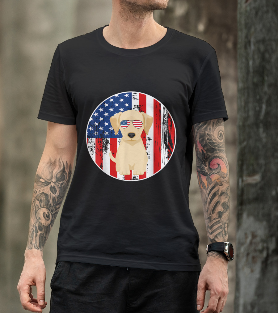 Patriotic Labrador Dog With American Flag Sunglasses T-Shirt