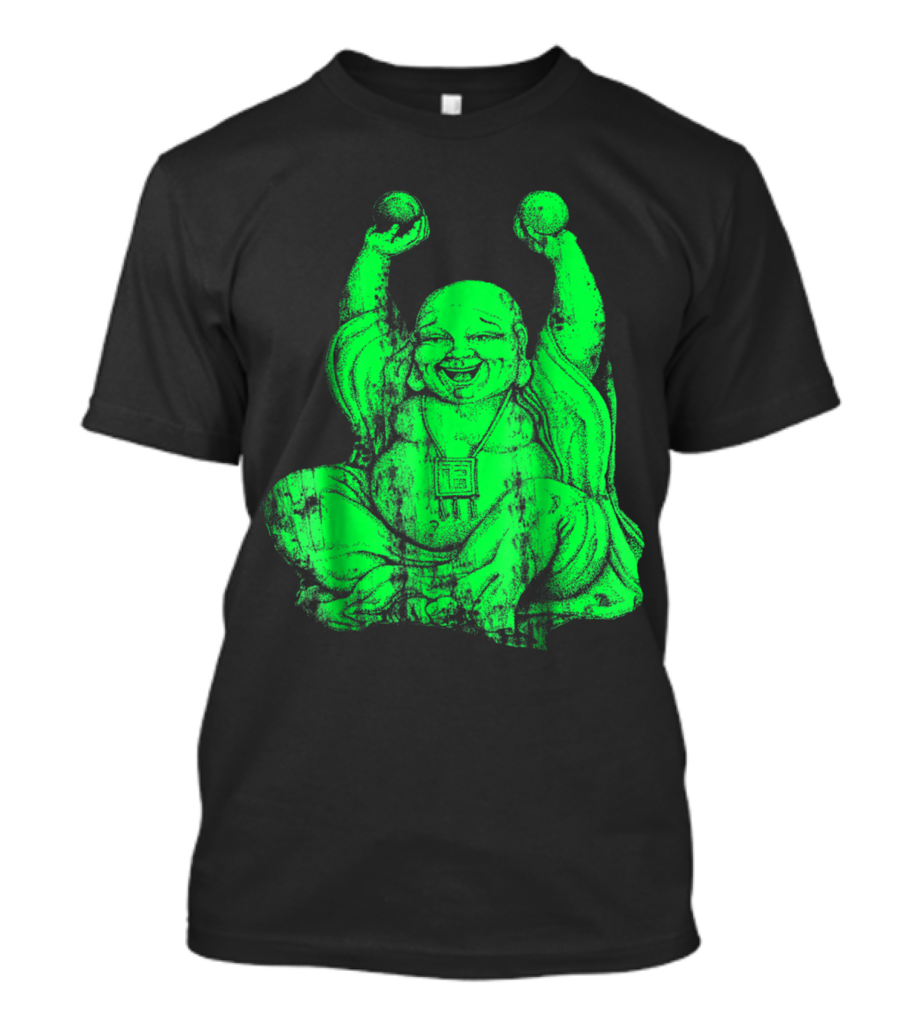 Radiant Green Laughing Buddha With Raised Hands Yoga T-Shirt