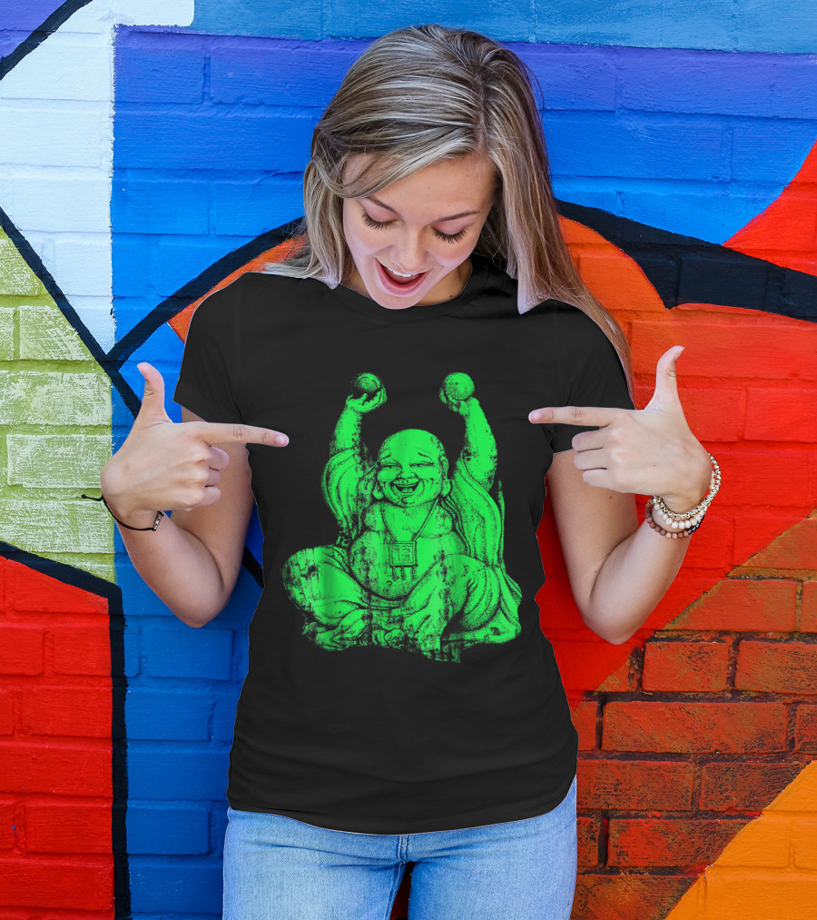 Radiant Green Laughing Buddha With Raised Hands Yoga T-Shirt
