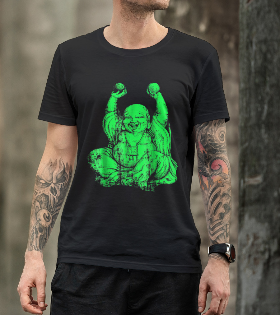 Radiant Green Laughing Buddha With Raised Hands Yoga T-Shirt