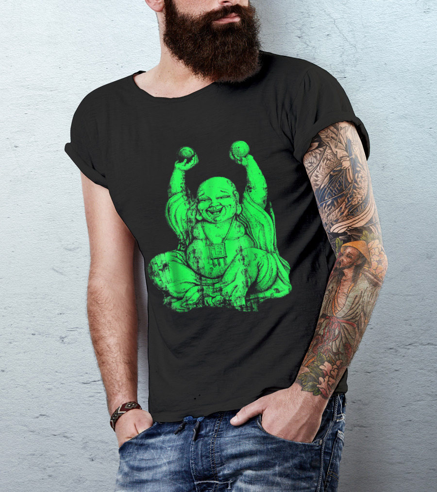 Radiant Green Laughing Buddha With Raised Hands Yoga T-Shirt
