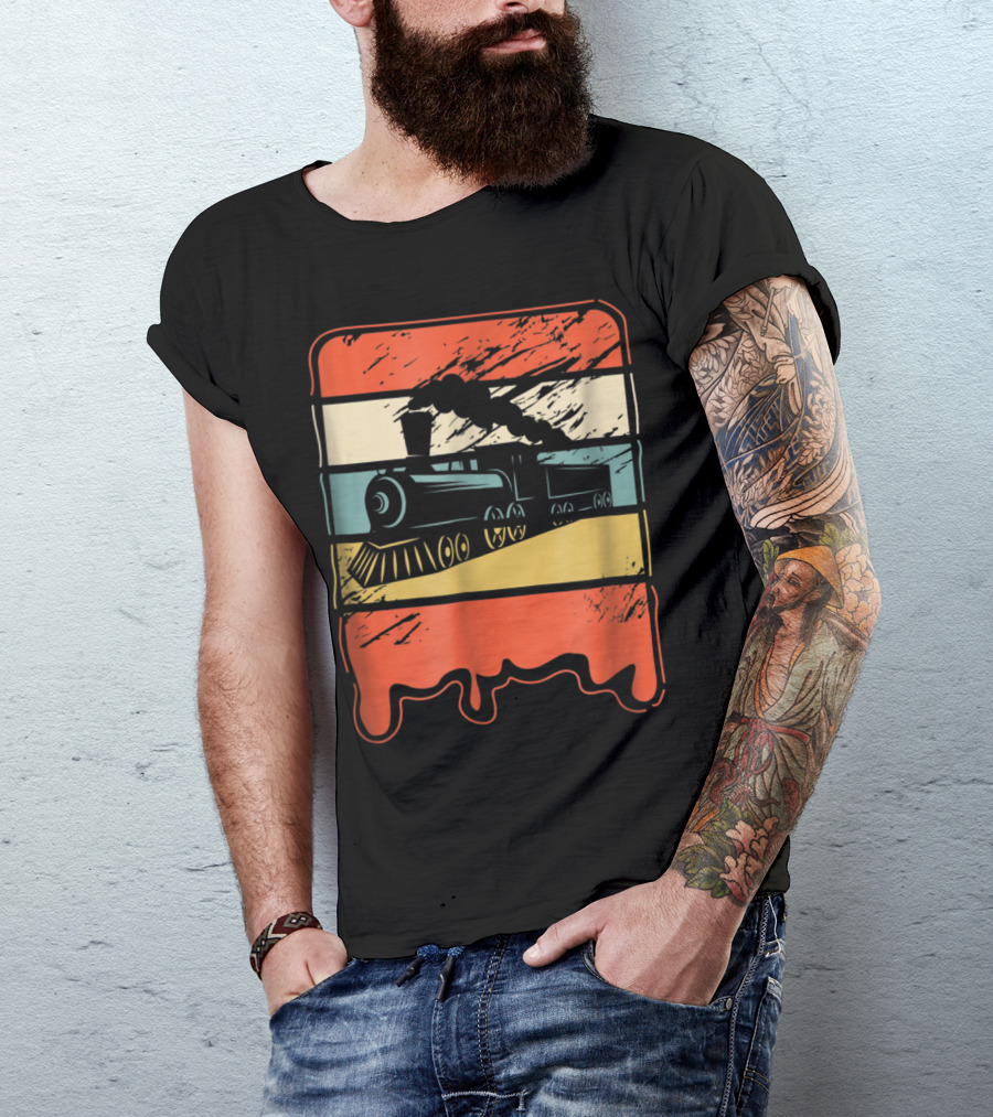 Vintage Train Railroad Locomotive Engineer Stripes T-Shirt