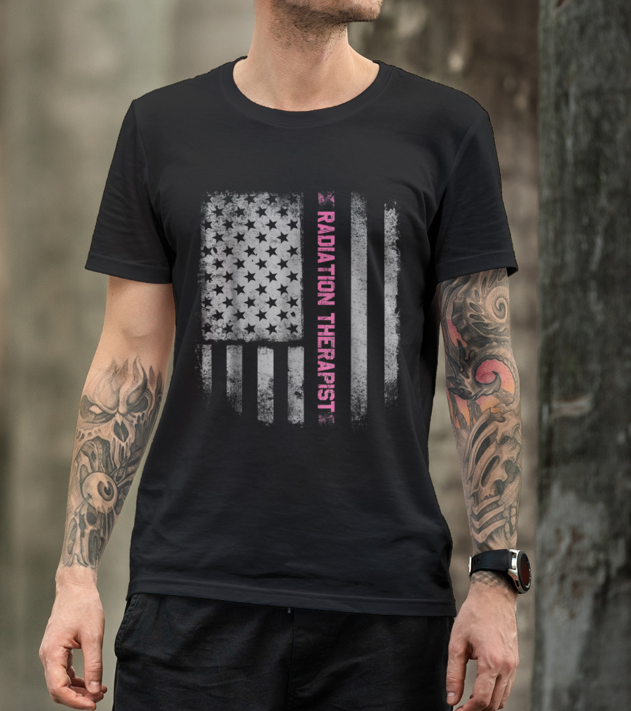 Radiation Therapist Vertical Pink Text US Flag Distressed T-Shirt