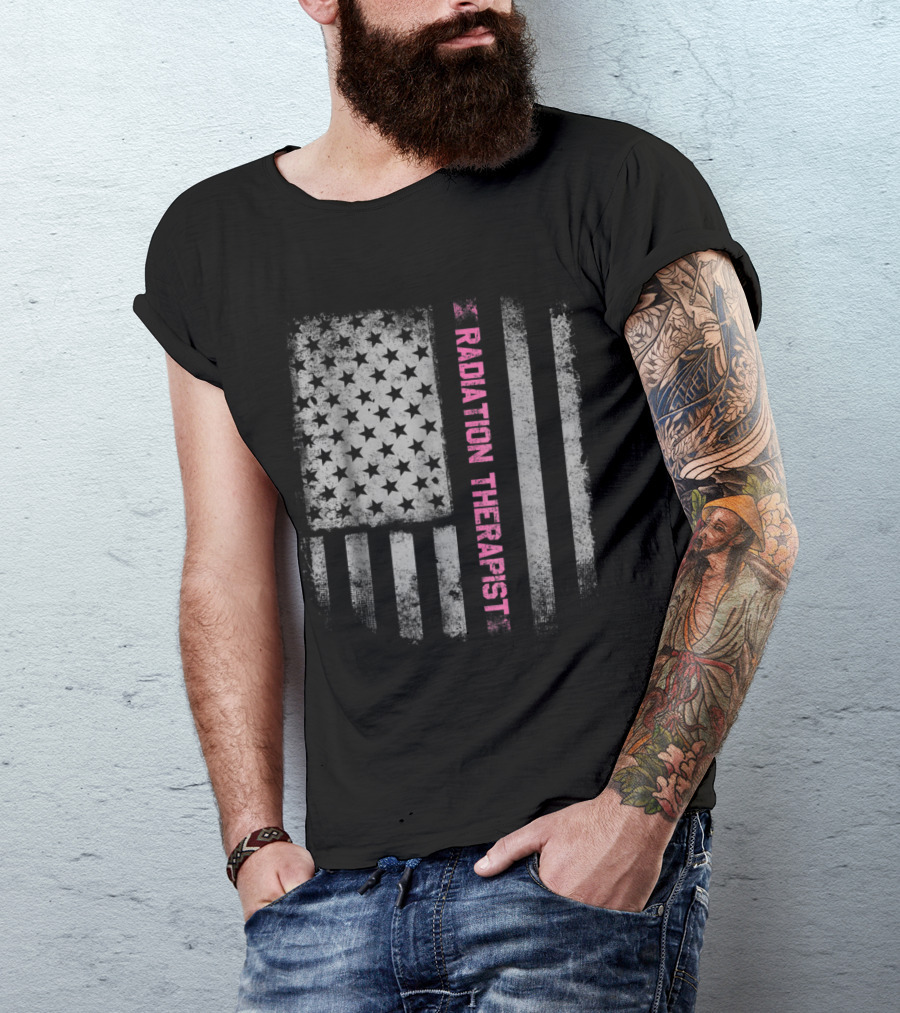 Radiation Therapist Vertical Pink Text US Flag Distressed T-Shirt