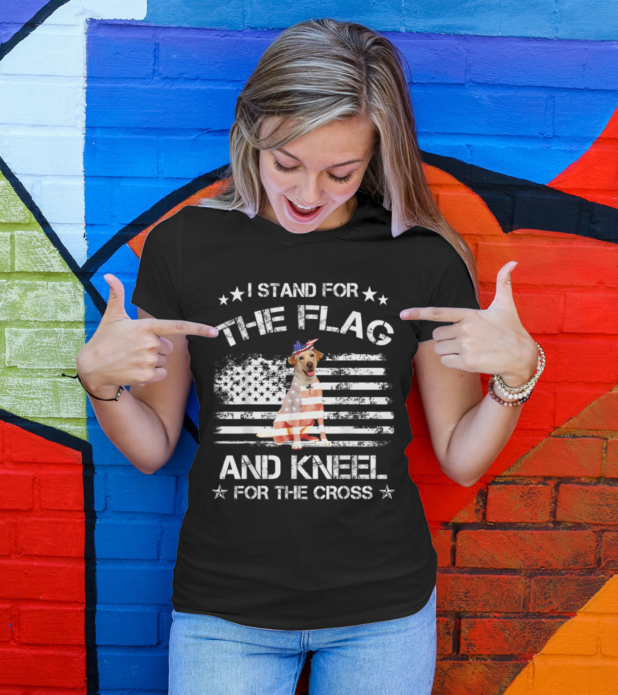 I Stand For The Flag And Kneel For The Cross Labrador Dog With American Flag Hat T-Shirt