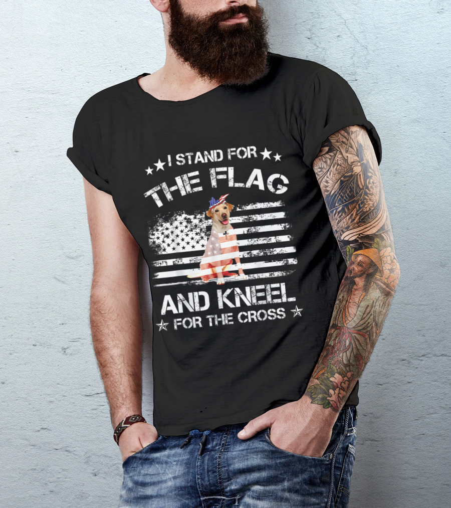 I Stand For The Flag And Kneel For The Cross Labrador Dog With American Flag Hat T-Shirt