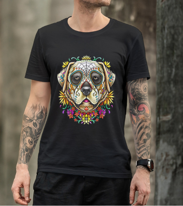 Labrador Dog Dia De Los Muertos Sugar Skull Floral T-Shirt