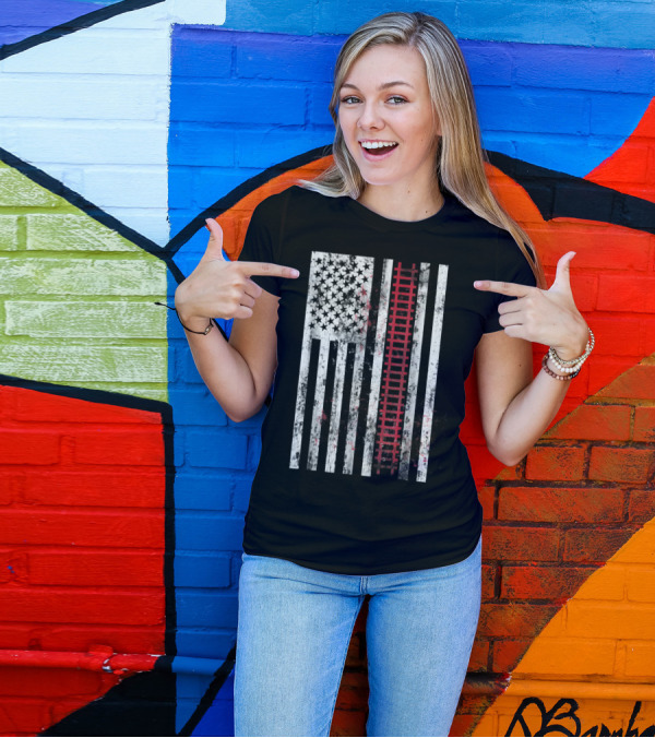 Vintage American Flag With Railroad Tracks Mechanic T-Shirt