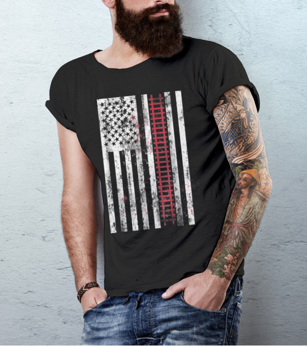 Vintage American Flag With Railroad Tracks Mechanic T-Shirt