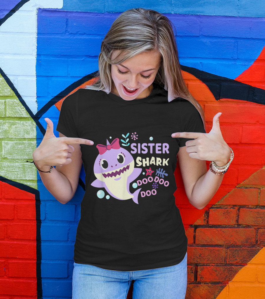 Sister Shark Doo Doo Doo Cute Bow Floral Bubbles T-Shirt