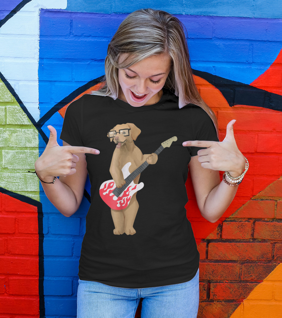 Labrador Golden Retriever With Glasses Playing Electric Guitar Music T-Shirt