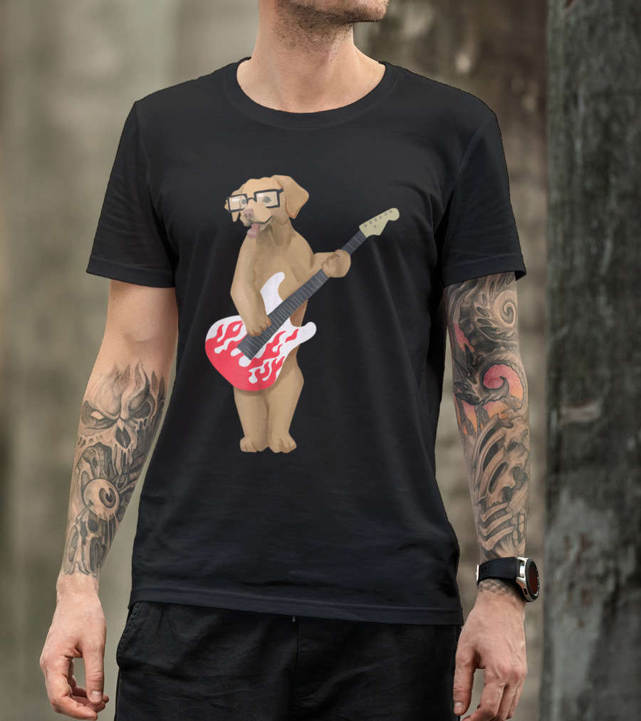 Labrador Golden Retriever With Glasses Playing Electric Guitar Music T-Shirt