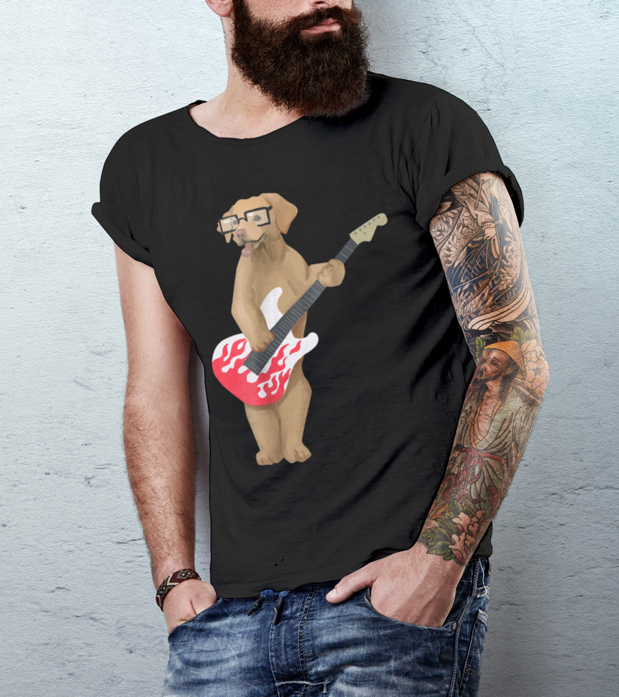 Labrador Golden Retriever With Glasses Playing Electric Guitar Music T-Shirt