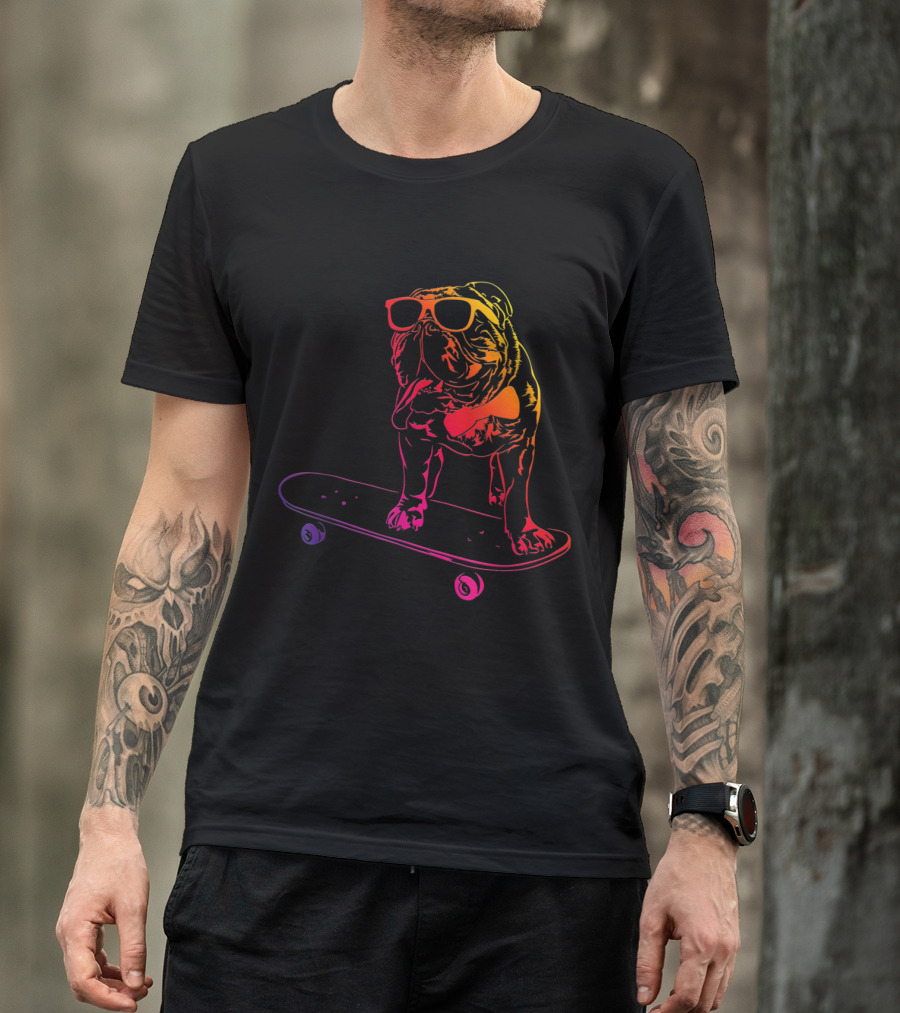 Neon Sunglasses English Bulldog On Skateboard T-Shirt