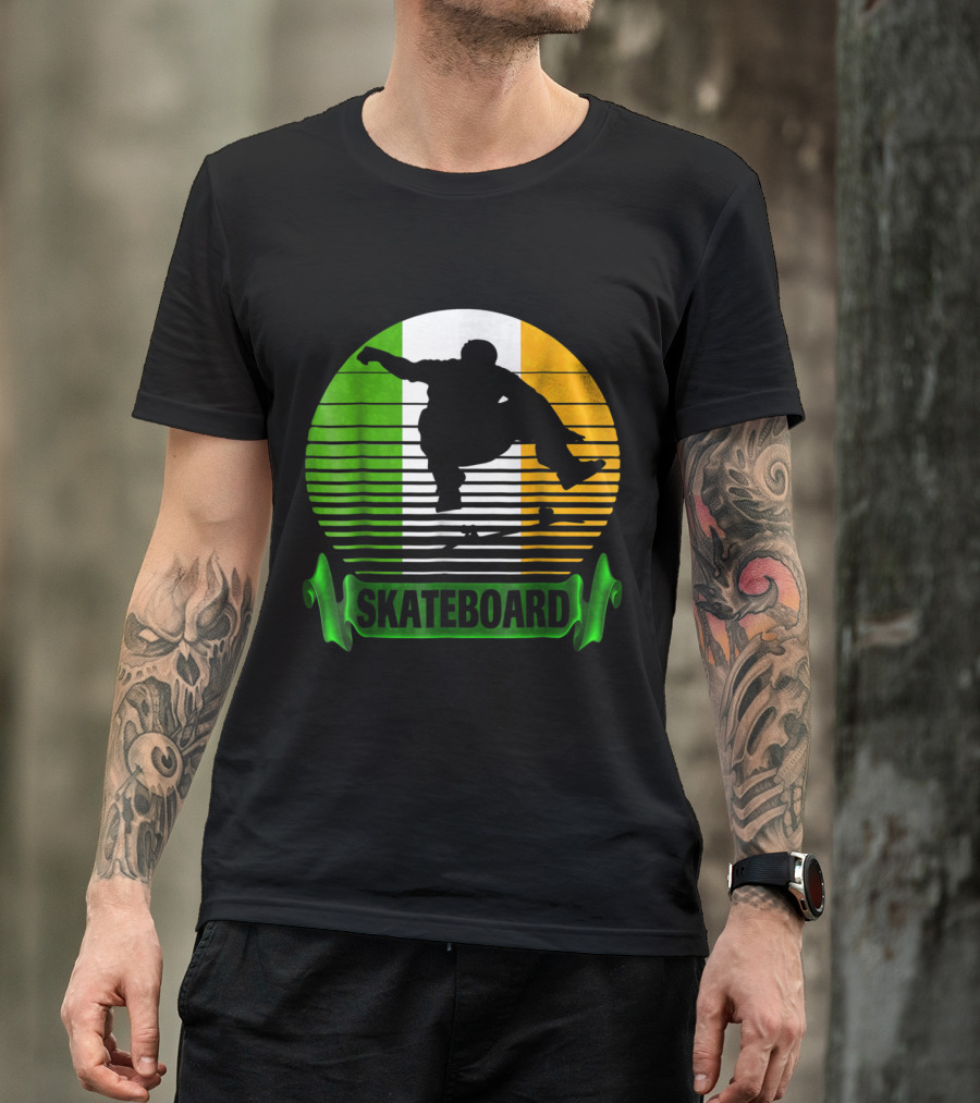 Skateboard Silhouette With Ireland Flag Colors T-Shirt