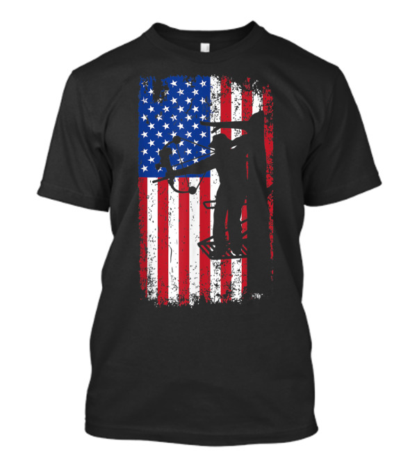 American Flag With Tree Stand Bow Hunter Archery T-Shirt