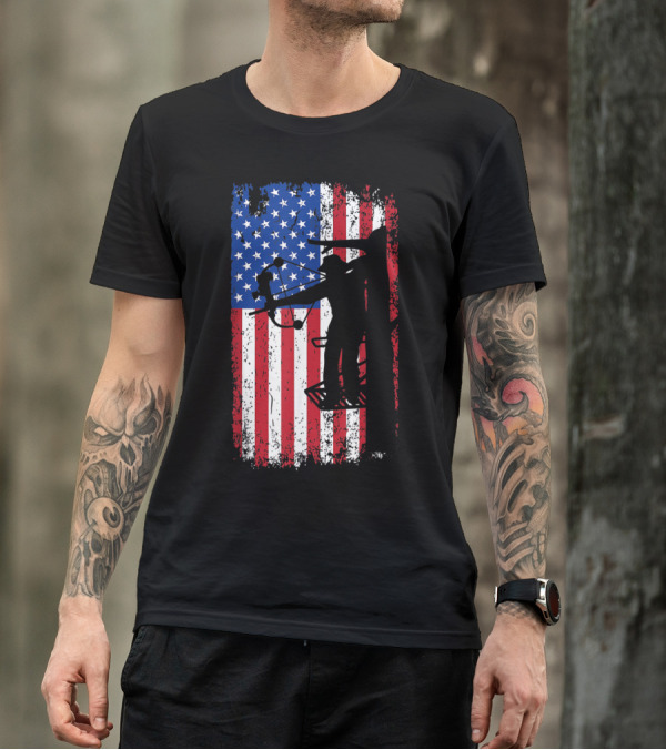 American Flag With Tree Stand Bow Hunter Archery T-Shirt