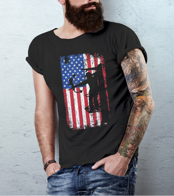 American Flag With Tree Stand Bow Hunter Archery T-Shirt