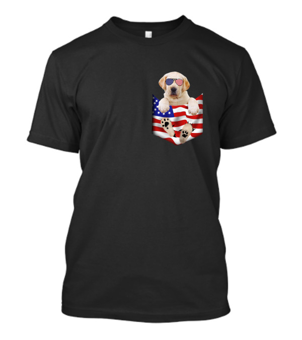 Labrador Puppy In American Flag Pocket With Patriotic Sunglasses For 4th Of July T-Shirt