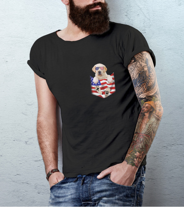 Labrador Puppy In American Flag Pocket With Patriotic Sunglasses For 4th Of July T-Shirt
