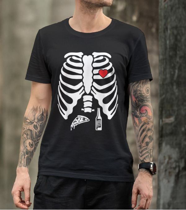 Skeleton Ribcage Heart Pizza Beer X Ray T-Shirt