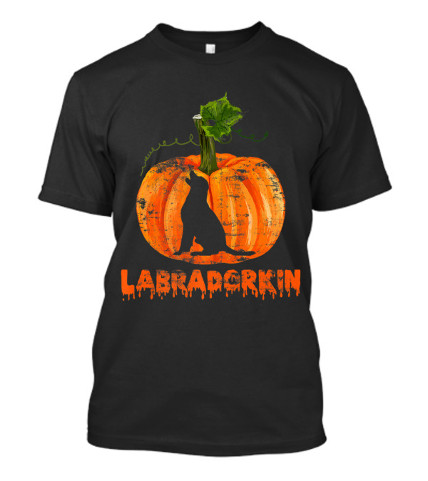 Labradrkin Silhouette In Pumpkin Art With Labrador And Leaf Elements T-Shirt