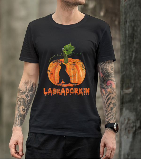 Labradrkin Silhouette In Pumpkin Art With Labrador And Leaf Elements T-Shirt