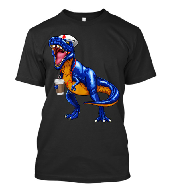 Nursesaurus Rex Nurse Dinosaur With Coffee Cup And Nurse Hat T-Shirt